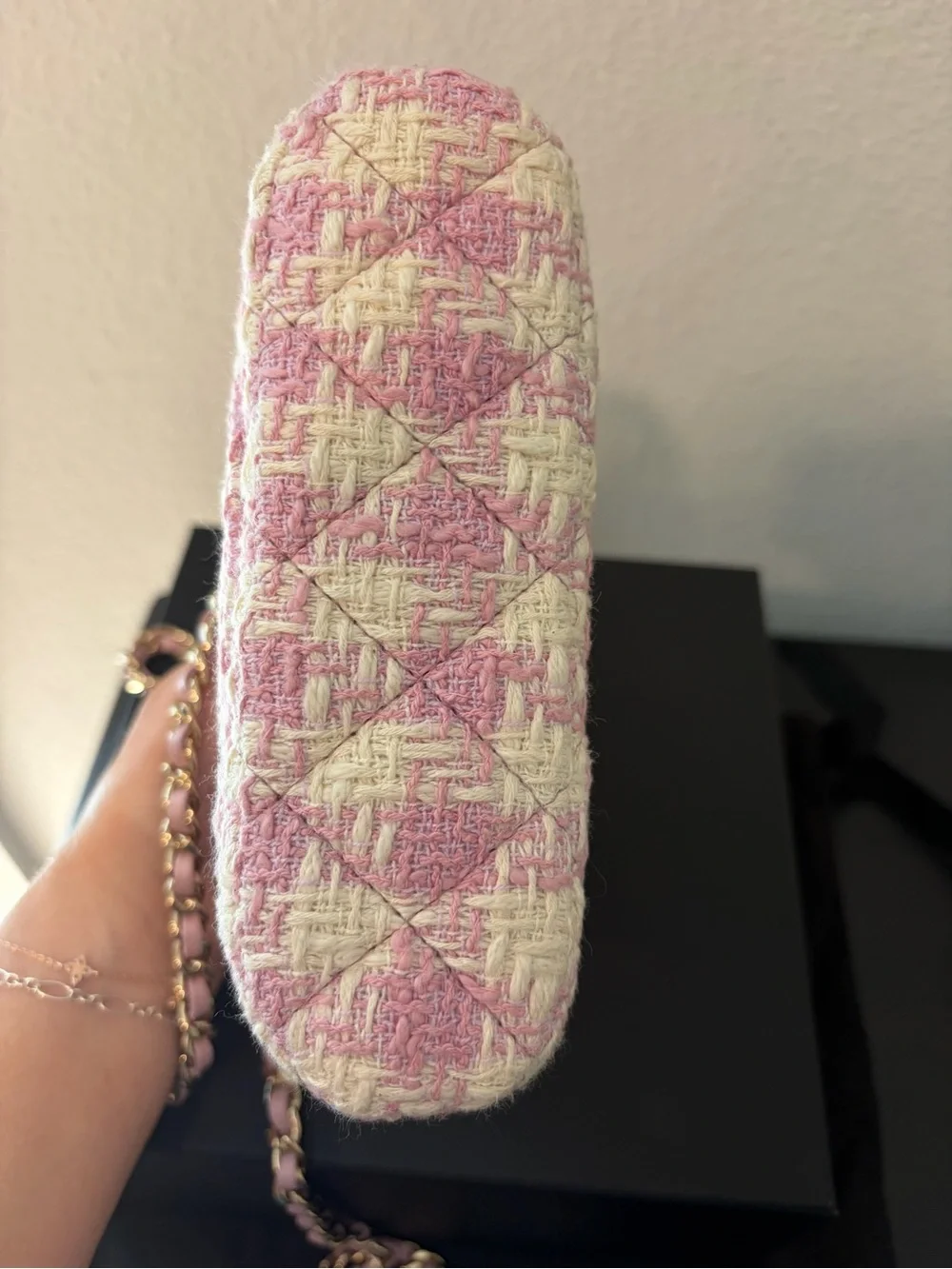 CHANEL Pink and White Tweed Quilted Mini Clutch With Chain